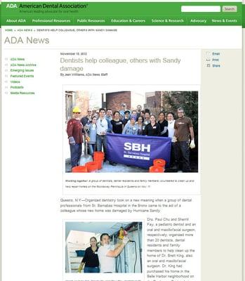 American Dental Association article on Dr. Chu and Oral surgeon Dr. Fay on their organization of Hurricane Sandy volunteer drive