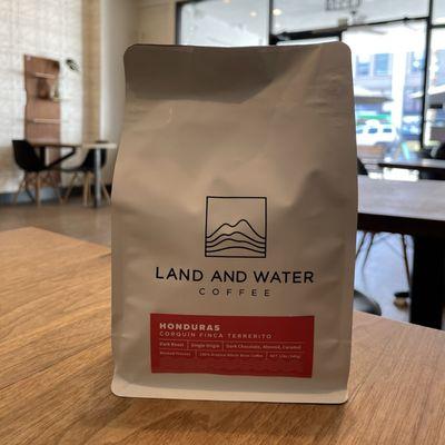 Land and Water's Honduras single origin dark roast, locally roasted in Santa Rosa.