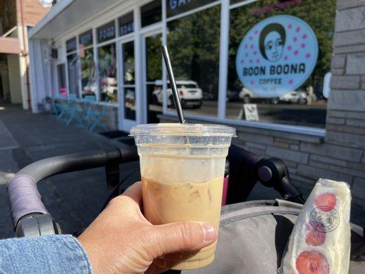 Iced vanilla latte and strawberries and cream sandwich. Seriously delicious!!