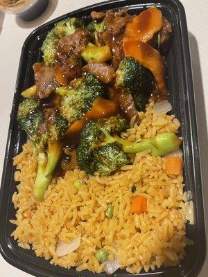 Beef and broccoli combo with fried rice (and egg roll not pictured)