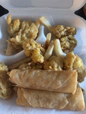 Oyster and Egg rolls and fries