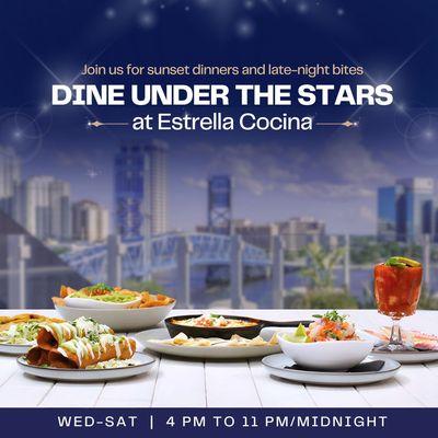 Dine Under the Stars: Estrella Cocina's Rooftop Dinner Awaits! Vamos!

Join us for sunset dinners and late-night bites!