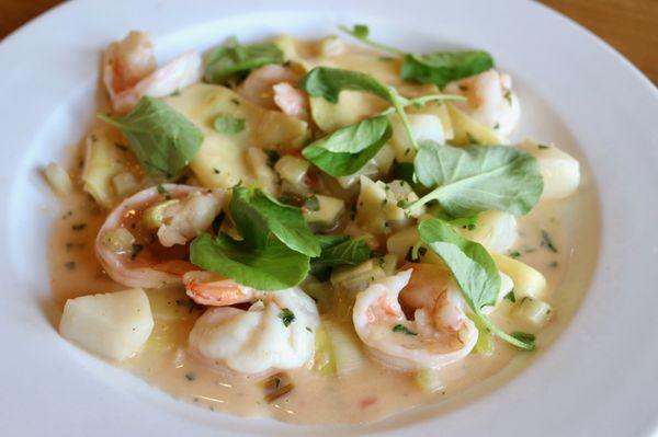 Saffron Fazzoletti with Bay Scallops, Shrimp, Fennel, Leeks, Tomato-Shrimp-Butter Sauce, Tarragon