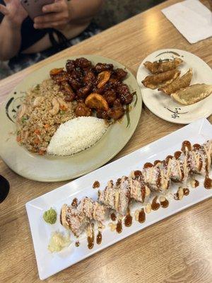 Shrimp fried rice, spicy orange chicken, pot stickers & Krusty Krab roll