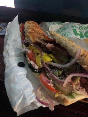 #4 Supreme Meats with lettuce ,tomatoes, pickles ,onion , banana peppers, black olives and salt pepper oil and vinegar