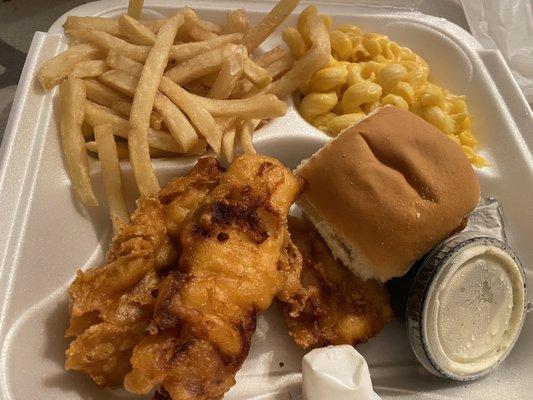 Deep fried cod. Pretty good. The roll was so soft and delicious. Mac and cheese was decent. Didn't care for the tarter sauce.