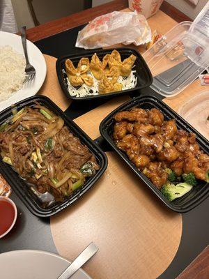 Mongolian beef, Gen Tsao, wilted crab Rangoon