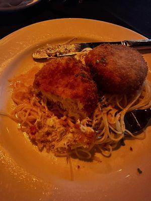 Amazing crab cakes over angel hair