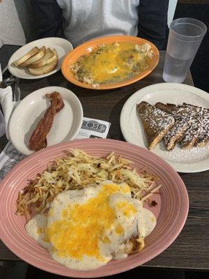 Top: Western hash browns, French toast, country Benedict