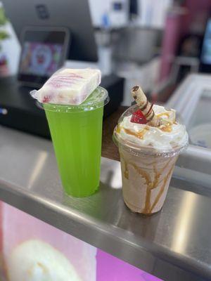 Chocolate milkshake, limon agua fresca and strawberries and cream ice cream popsicle.