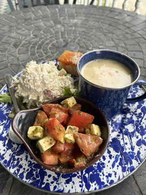 Chicken Salad Plate with soup of the day (chicken pot pie) and Tomato Mozzarella salad