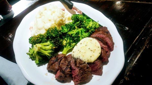 Bistro steak with compound butter, broccoli & mashed potatoes.