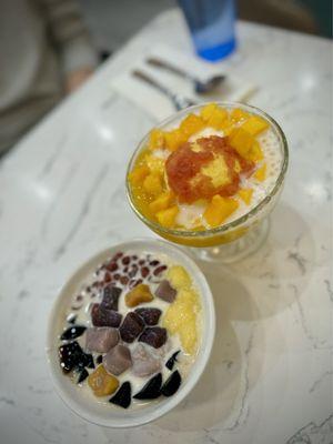 Cold Taro ball with herbal jelly, Snow White mango juice sago & pomelo with mango ice cream