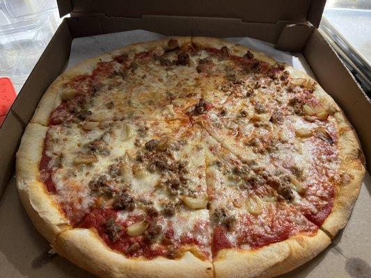 Pizza with roasted garlic and sausage. Excellent!