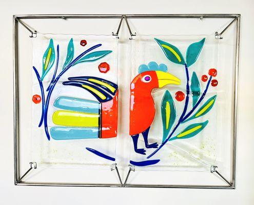 "My Finest Feathered Friend"; Jill Casty; fused glass/stainless steel