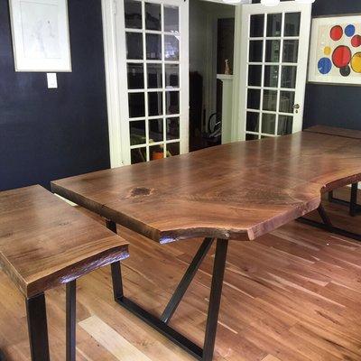 our black walnut natural edge table with side "leafs" for extensions. custom tables. dining, coffee, console, side tables and nightstands.