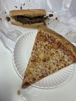 Philly cheesesteak and cheese pizza slice