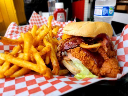 Chicken strips and this bbq chicken sandwich add bacon is on a next level