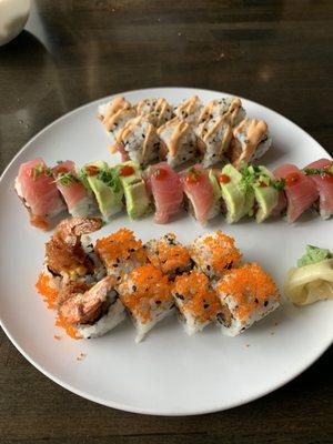 Mexican role, kamakazi and crunchy spicy tuna