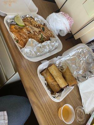 Phad thai and pork egg rolls