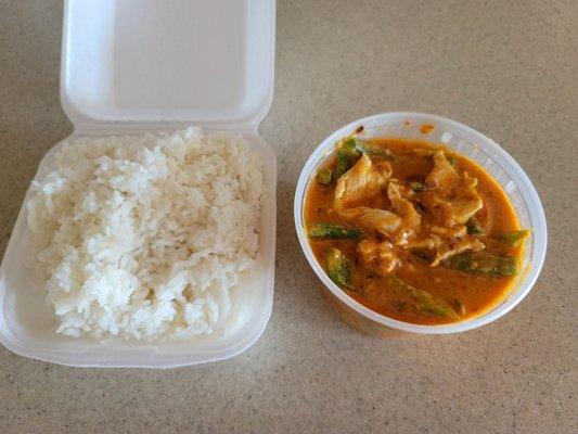 Lunch order of Panang Curry W/ chicken and white rice.  Absolutely delicious, the blend of flavors are so unique.