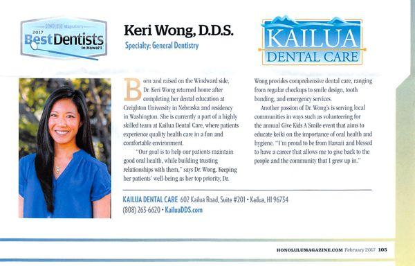 Congratulations, Dr. Wong, for making the 2017 Honolulu Magazine Best Dentist in Hawaii!!