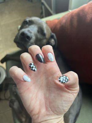 Race car themed set with hand drawn checkered pattern and flame decals