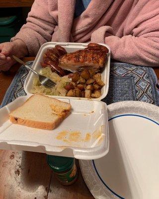 More chicken, sausage and brisket along with cabbage and roasted red potatoes.