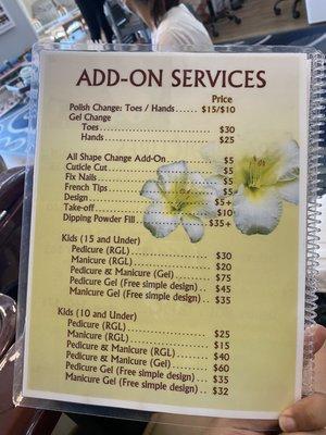 Add-On Services / Kids Prices