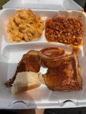 One meat with two sides. Chicken with beans and Mac n cheese