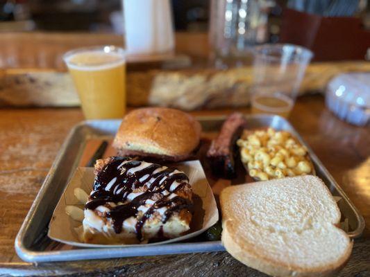 Brisket sandwich, Bacon Mac n cheese, Pork Ribs and Smoked Bread pudding