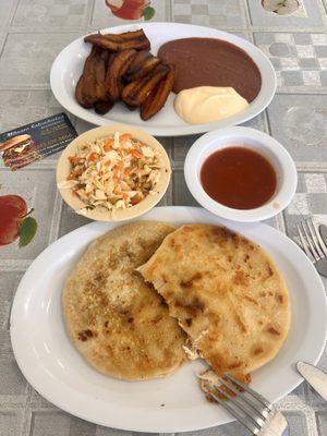 My pupusas and plátano plate. They plátanos are perfectly softened and sweet. I love the almost gooey texture.