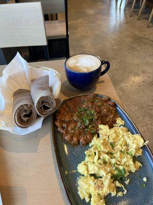 Ful and Eggs with Injera, and a soymilk vanilla latte. Absolutely addicting.