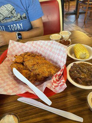 3 chicken tenders, corn & red beans & rice