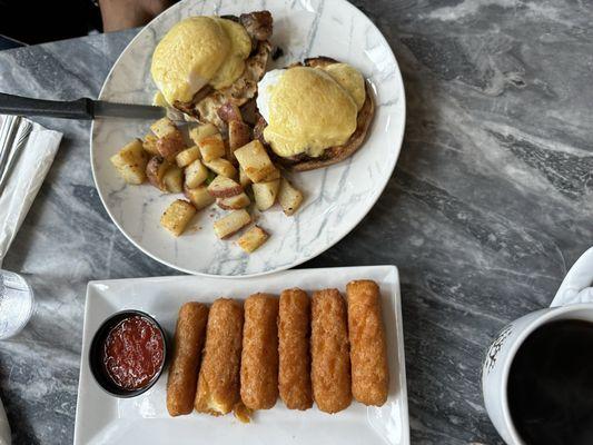 Mozarella sticks and eggs Benedict