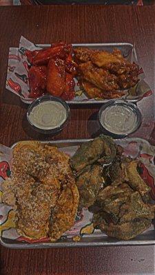 Wings, top left to right flavors: sour patch kid, bbq sauce, elotes, dry dill pickle rub.