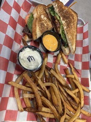 BLT and fries, with spicy mayo on the side