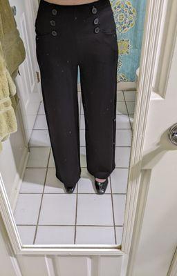 Pant hem uneven.