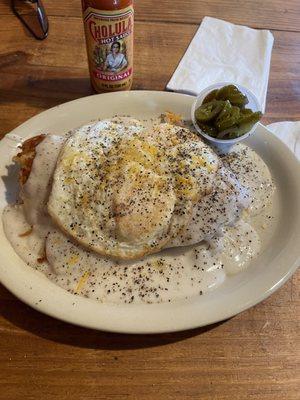 The "J.J"  open biscuit w/hash browns, 2 eggs, cream gravy and jalepeno's