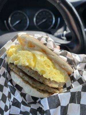 Sausage, egg & cheese on English muffin.