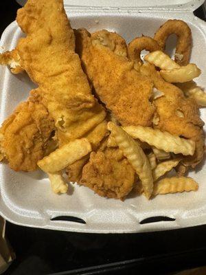 White Fish, fries and hush puppies.