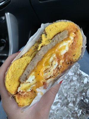 Sausage, egg and cheese on an egg everything