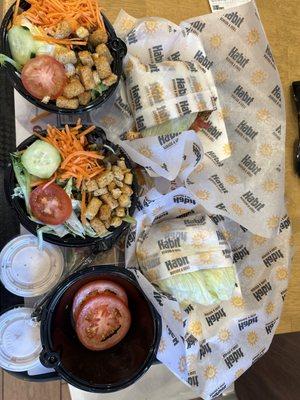 Grilled Chicken on lettuce wraps with side salads.