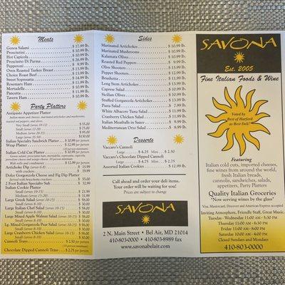 Savona menu taken Spring 2023 (front side)