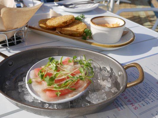 Local halibut crudo with watermelon (stunning and so delicious!) and the FGT with pimento cheese!