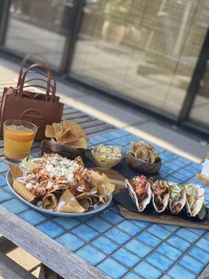 Taco sampler, Ceviche, Chicken Nachos and Story of OJ