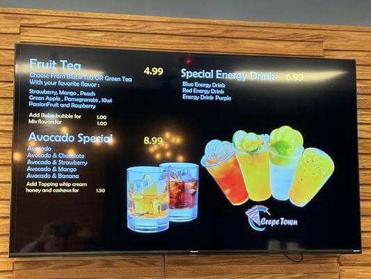 Menu screen: teas and beverages