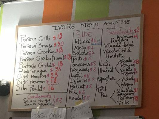 The handwritten menu on the whiteboard, for indoor service and takeout.