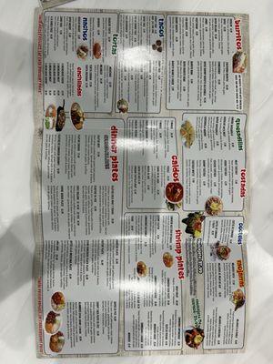 Menu (front side only, additional items on the back that are not included)