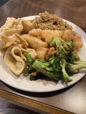 Crab Rangoon, chicken and broccoli, fried rice, coconut shrimp